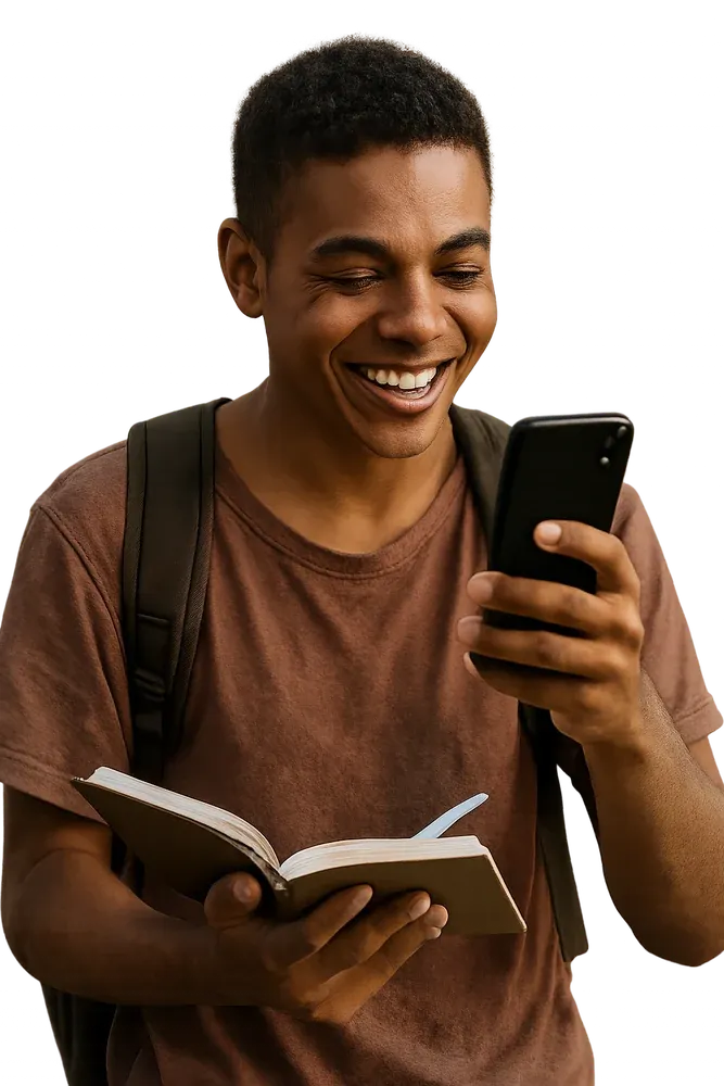 Estudante com mochila e livro olhando o celular